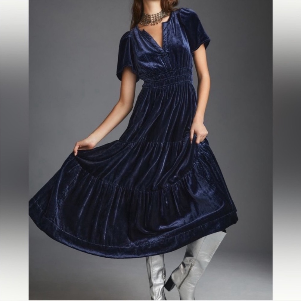 Anthropologie Navy Blue Velvet Somerset Maxi Dress Size XS